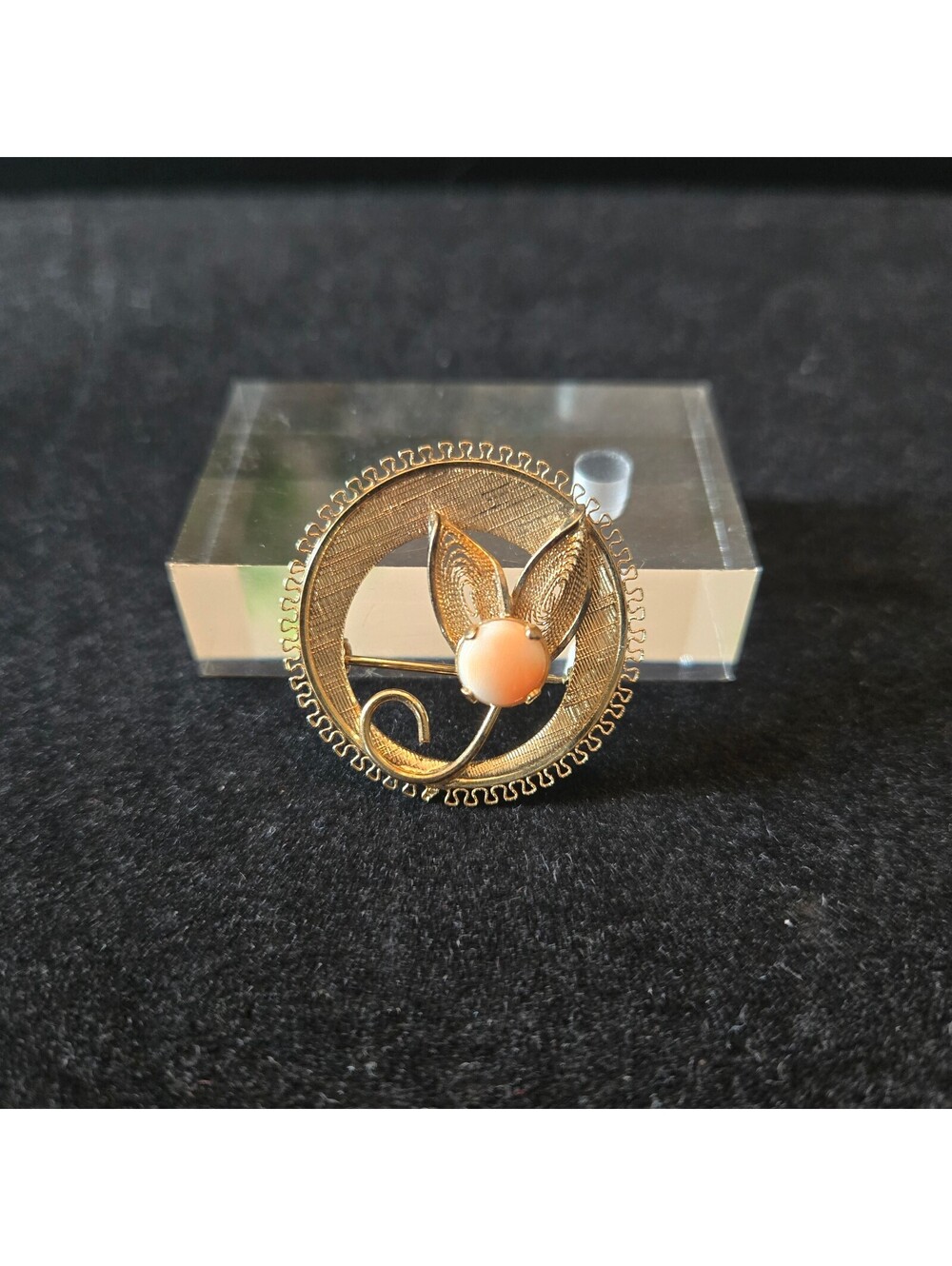 Vintage Sterling Silver Angel Skin Coral Circle Brooch Floral Gold Vermeil